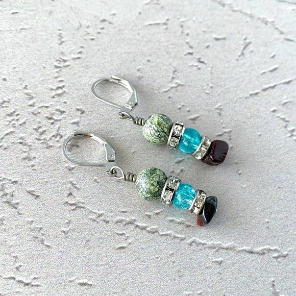 Green Unakite African Jasper Crystal Rondelles - Swamp Queen Earrings - Picture 3 of 5